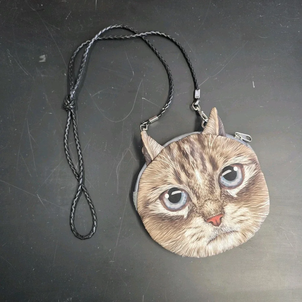 Cat Kitty Card Wallet Coin Purse Bag Crossbody Zip Pouch
